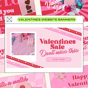 May include: A collection of pink and red Valentine's Day website banners. The banners feature text like "Valentines Sale" and "Happy Valentines". One banner includes a photo of pink beaded jewelry. The overall theme is romantic and celebratory.