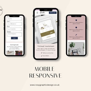 May include: Three mobile phone screen mockups showing a website design for a virtual assistant. The website has a pink background with a white text overlay. The text on the website says "Make this yours, add text and link to a page if you want to".