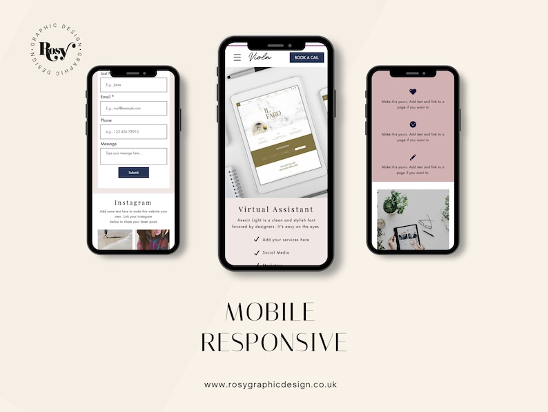 May include: Three mobile phone screen mockups showing a website design for a virtual assistant. The website has a pink background with a white text overlay. The text on the website says "Make this yours, add text and link to a page if you want to".