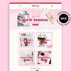 May include: A website design with a pink and white color scheme. The website features the word "cherry" at the top, with sections for "shop," "new season arrivals," "homeware," "accessories," and "home office." The design is "designed by Wix."