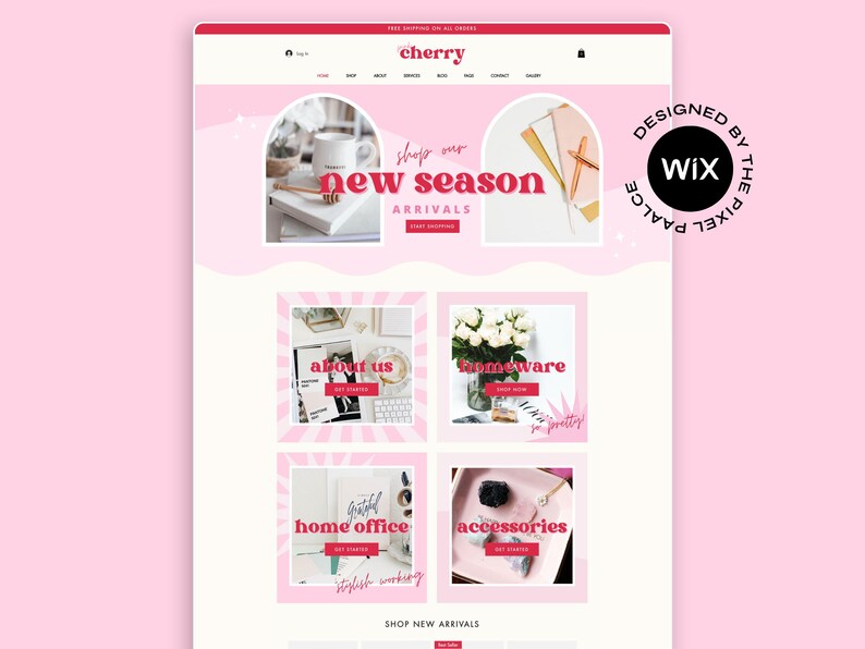 May include: A website design with a pink and white color scheme. The website features the word "cherry" at the top, with sections for "shop," "new season arrivals," "homeware," "accessories," and "home office." The design is "designed by Wix."