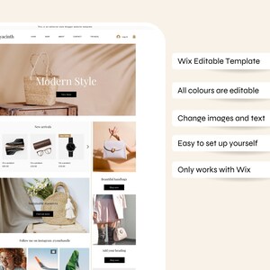May include: A website screenshot showing a Wix editable template for an online store selling handmade bags and accessories. The template features a modern design with a focus on high-quality images and easy navigation. The text on the website reads "Modern Style", "New Arrivals", "Sustainable Treasures", and "Beautiful Handbags".