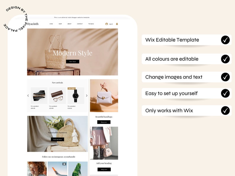May include: A website screenshot showing a Wix editable template for an online store selling handmade bags and accessories. The template features a modern design with a focus on high-quality images and easy navigation. The text on the website reads "Modern Style", "New Arrivals", "Sustainable Treasures", and "Beautiful Handbags".