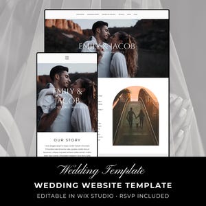 Pode incluir: Um modelo de site de casamento digital exibido em telas de desktop e dispositivos m&oacute;veis. O design apresenta um casal com o texto Emily & Jacob Are Getting Married, uma se&ccedil;&atilde;o Our Story e uma foto em arco de um casal em uma ponte.