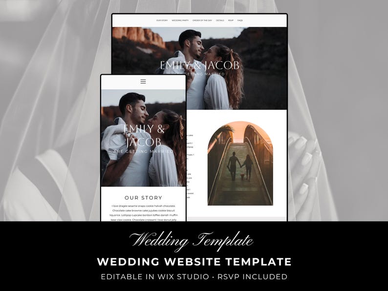 Pode incluir: Um modelo de site de casamento digital exibido em telas de desktop e dispositivos m&oacute;veis. O design apresenta um casal com o texto Emily & Jacob Are Getting Married, uma se&ccedil;&atilde;o Our Story e uma foto em arco de um casal em uma ponte.
