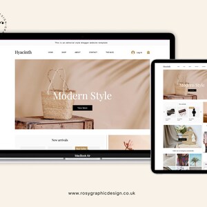 May include: A website screenshot showing a modern style online store with a woven bag, the text "Modern Style", and a "New Arrivals" section. The website is called "Hyacinth".