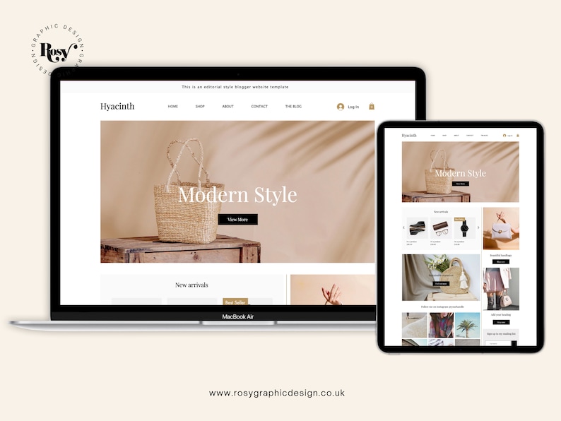 May include: A website screenshot showing a modern style online store with a woven bag, the text "Modern Style", and a "New Arrivals" section. The website is called "Hyacinth".