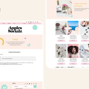 May include: A website layout design titled Apples Socialz featuring a soft pink and white color palette. The page includes a navigation bar, a FAQ section with placeholder text, and a grid of six image blocks with service titles like Strategy, Captivating Posts, and Influencer Marketing. The design includes small geometric shapes and a circular logo in the top left corner.