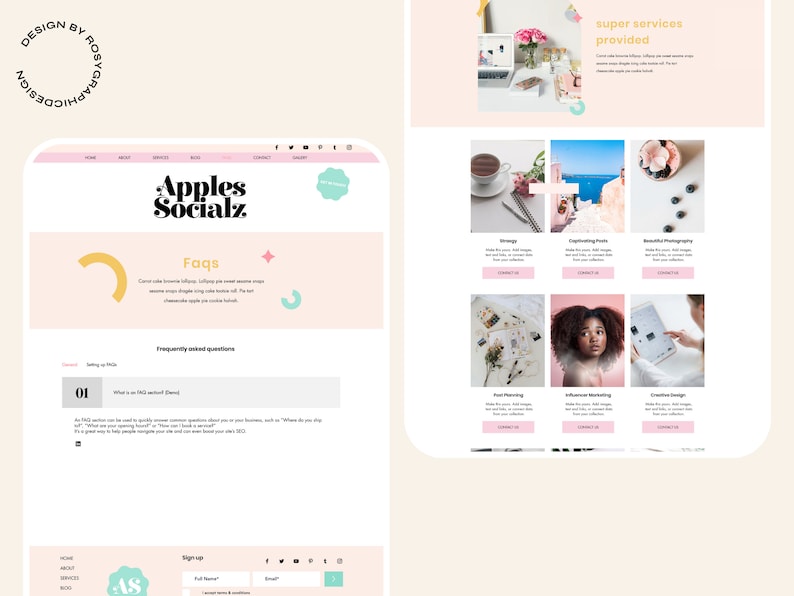 May include: A website layout design titled Apples Socialz featuring a soft pink and white color palette. The page includes a navigation bar, a FAQ section with placeholder text, and a grid of six image blocks with service titles like Strategy, Captivating Posts, and Influencer Marketing. The design includes small geometric shapes and a circular logo in the top left corner.