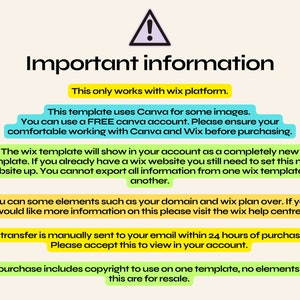 Op de afbeelding: Een afbeelding met de tekst "Belangrijke informatie" en een waarschuwingssymbool. De tekst geeft details over een Wix-sjabloon, inclusief Canva-gebruik, accountinstelling en copyrightinformatie. De achtergrond is lichtbeige.