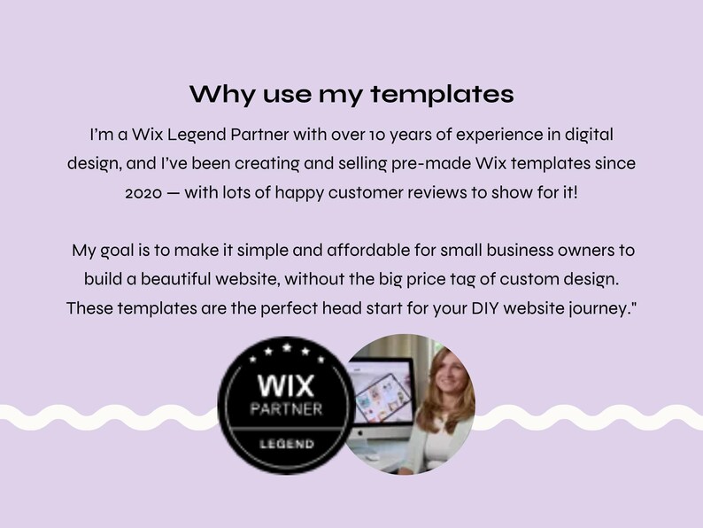 Op de afbeelding: Een lichtpaarse afbeelding met de tekst "Waarom mijn sjablonen gebruiken". Het bevat ook de tekst "Ik ben een Wix Legend Partner" en een Wix Partner-logo. Op de achtergrond is een vrouw te zien.