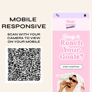 May include: A pink and white mobile phone screen with the text "Pink posey socials" and "Ready to Reach Your Goals?"  The screen also has a button that says "Start Shopping".