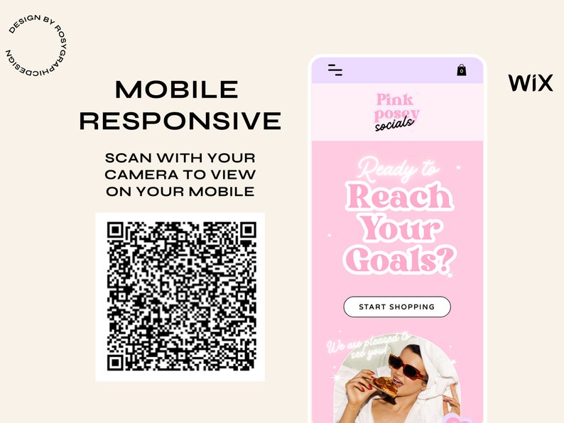 May include: A pink and white mobile phone screen with the text "Pink posey socials" and "Ready to Reach Your Goals?"  The screen also has a button that says "Start Shopping".