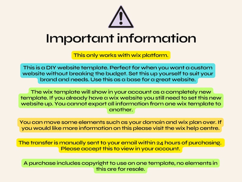 May include: Important information about a DIY website template for the Wix platform. The text explains that the template is for a custom website, can be used as a base for a new website, and includes copyright for one template.