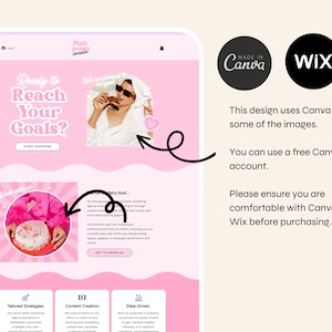 May include: A pink and white website design with the text "Ready to Reach Your Goals?" and "Start Shopping". The website also features images of a woman eating a pink donut and a pink cake with sprinkles. The website is designed using Canva and Wix.