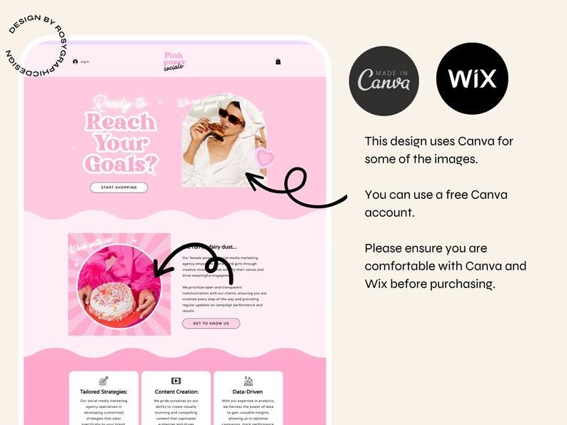 May include: A pink and white website design with the text "Ready to Reach Your Goals?" and "Start Shopping". The website also features images of a woman eating a pink donut and a pink cake with sprinkles. The website is designed using Canva and Wix.