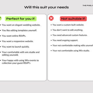 Pode incluir: Um gr&aacute;fico digital intitulado Will this suit your needs por The Pixel Palace Design. Apresenta duas colunas com listas de t&oacute;picos comparando crit&eacute;rios para usar um modelo de site, marcadas com &iacute;cones de verifica&ccedil;&atilde;o verdes e cruzes vermelhas.