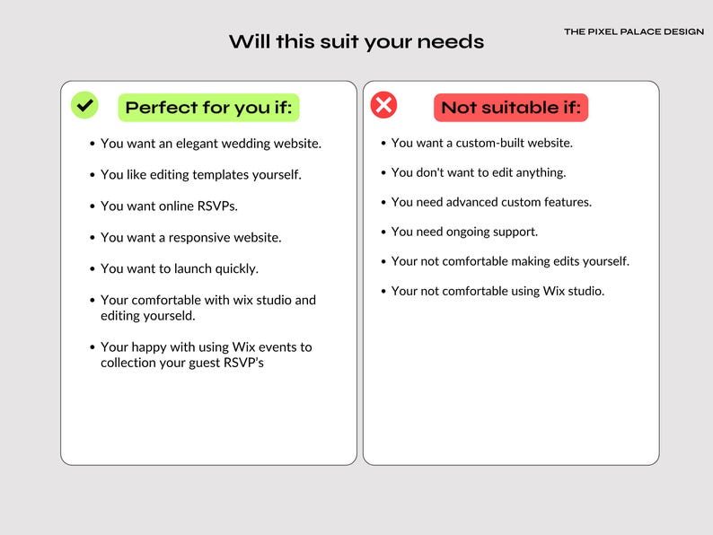 Pode incluir: Um gr&aacute;fico digital intitulado Will this suit your needs por The Pixel Palace Design. Apresenta duas colunas com listas de t&oacute;picos comparando crit&eacute;rios para usar um modelo de site, marcadas com &iacute;cones de verifica&ccedil;&atilde;o verdes e cruzes vermelhas.