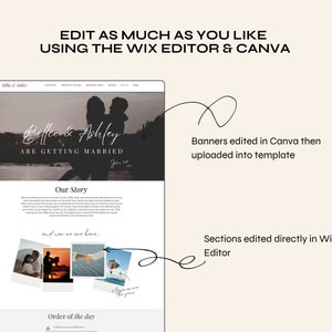 May include: A website screenshot showing a wedding website template with a banner image of a couple in silhouette. The text "Billie & Ashley are getting married" is displayed on the banner. The website also includes sections for "Our Story", "Order of the Day", and "Wedding Party".