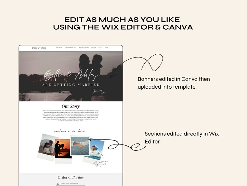 May include: A website screenshot showing a wedding website template with a banner image of a couple in silhouette. The text "Billie & Ashley are getting married" is displayed on the banner. The website also includes sections for "Our Story", "Order of the Day", and "Wedding Party".