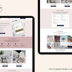 May include: A website homepage for a virtual assistant business called "Rosy Graphic Design". The website features a pink and white color scheme with a modern design. The homepage includes a section about the virtual assistant services offered, a section to get in touch, and a section showcasing recent Instagram posts.