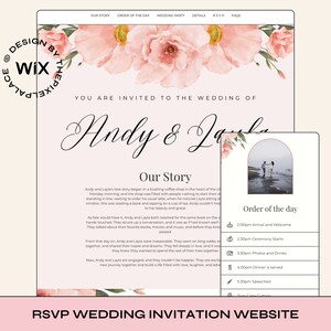 May include: A wedding invitation website with a pink floral design. The website features a photo of the couple on the beach and a section for the order of the day. The text on the website reads "You are invited to the wedding of Andy & Layla".