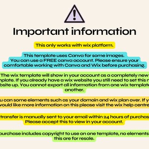 May include: Important information about a Wix template that uses Canva for some images. The template is compatible with Wix and Canva. The template will show as a new website, and you cannot export information from one Wix template to another. You can customise elements such as your domain and Wix plan. For more information, visit the Wix help centre. The template is sent to your email within 24 hours of purchase. A purchase includes copyright to use on one template, but elements are not for resale.