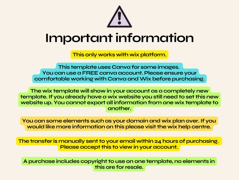 May include: Important information about a Wix template that uses Canva for some images. The template is compatible with Wix and Canva. The template will show as a new website, and you cannot export information from one Wix template to another. You can customise elements such as your domain and Wix plan. For more information, visit the Wix help centre. The template is sent to your email within 24 hours of purchase. A purchase includes copyright to use on one template, but elements are not for resale.