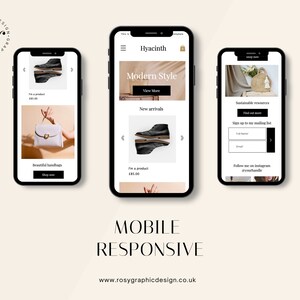 May include: Three mobile phone screens displaying a website for a fashion store called Hyacinth. The website features a variety of products, including shoes, bags, and clothing. The website also includes a sign-up form for a mailing list and a link to the store's Instagram page.