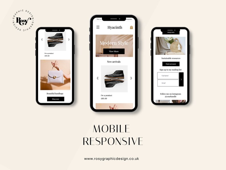 May include: Three mobile phone screens displaying a website for a fashion store called Hyacinth. The website features a variety of products, including shoes, bags, and clothing. The website also includes a sign-up form for a mailing list and a link to the store's Instagram page.
