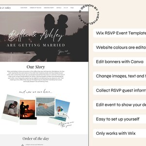 May include: A website mockup for a wedding RSVP with a dark background image of a couple embracing. The text "Billie & Ashley are getting married" is displayed in white. The website features a list of benefits, including editable website colors, the ability to edit banners with Canva, and the ability to collect RSVP guest information. The text "Only works with Wix" is displayed at the bottom of the list.