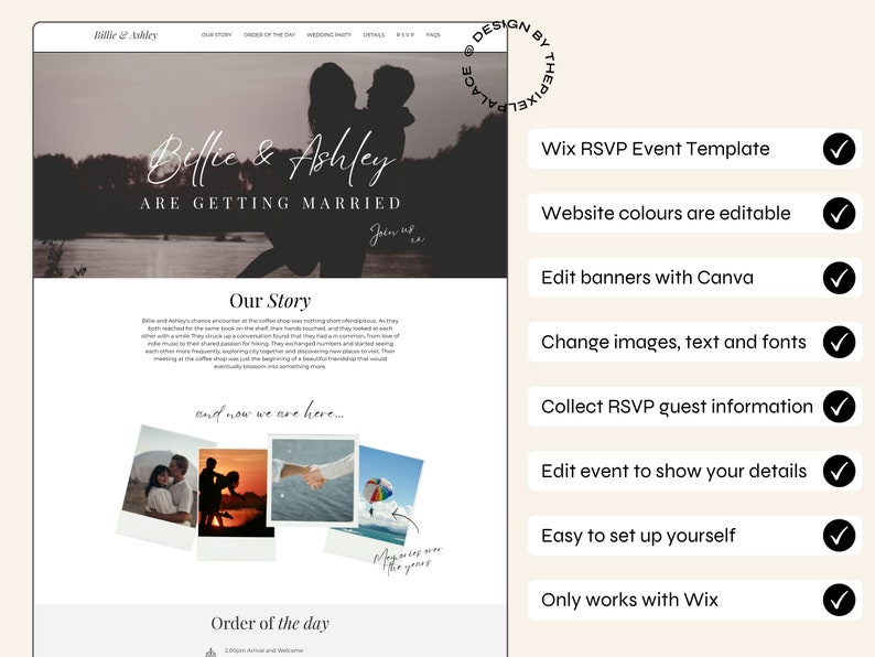 May include: A website mockup for a wedding RSVP with a dark background image of a couple embracing. The text "Billie & Ashley are getting married" is displayed in white. The website features a list of benefits, including editable website colors, the ability to edit banners with Canva, and the ability to collect RSVP guest information. The text "Only works with Wix" is displayed at the bottom of the list.