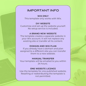 May include: A rectangular light purple information card with rounded corners featuring black text that reads: IMPORTANT INFO, WIX ONLY, DIY WEBSITE, A BRAND NEW WEBSITE, DOMAIN AND WIX PLAN, MANUAL TRANSFER, and ONE WEBSITE LICENCE.