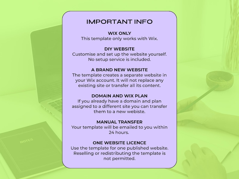 May include: A rectangular light purple information card with rounded corners featuring black text that reads: IMPORTANT INFO, WIX ONLY, DIY WEBSITE, A BRAND NEW WEBSITE, DOMAIN AND WIX PLAN, MANUAL TRANSFER, and ONE WEBSITE LICENCE.
