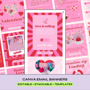 Könnte beinhalten: Eine Sammlung von pinken und roten Social-Media-Bannern zum Valentinstag mit Text, der "Liebe ruft", "Entdecke besondere Angebote für deine Valentinstagsgeschenke", "Valentinstag ist da, es ist ein Match", "Valentinstag wird geladen" und "Wir haben ein Geschenk für einen perfekten Valentinstag" lautet.