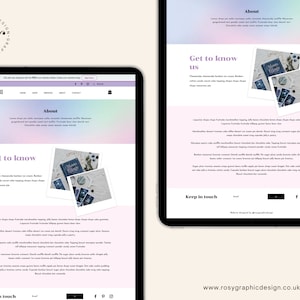 May include: A website homepage for a business called Bluebell. The website features a pink and purple gradient background with a photo of a tarot card deck and a text overlay that says "Get to know us".