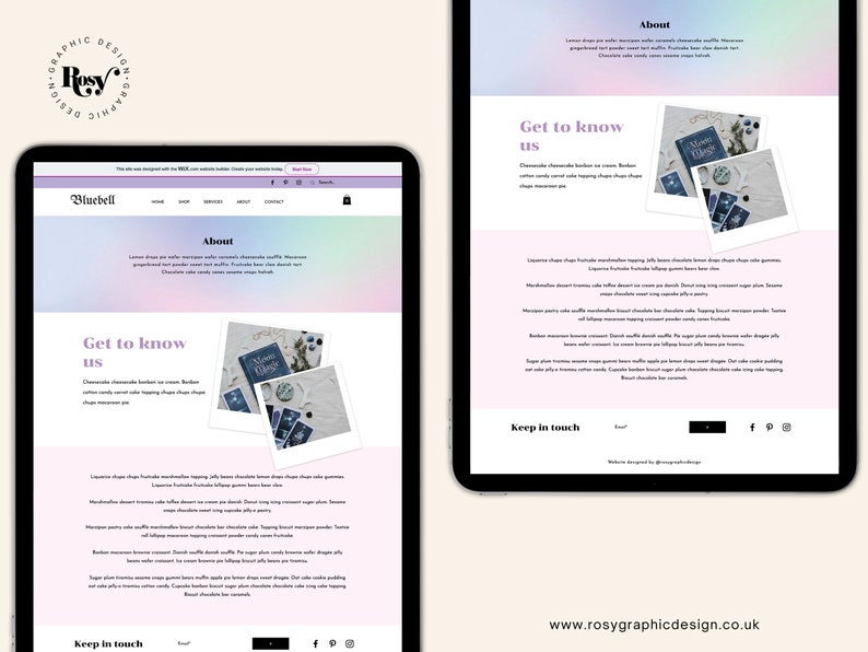 May include: A website homepage for a business called Bluebell. The website features a pink and purple gradient background with a photo of a tarot card deck and a text overlay that says "Get to know us".