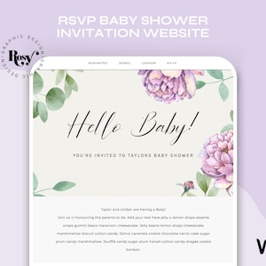 May include: A website invitation for a baby shower with a floral design. The text reads "Hello Baby!" and "You're invited to Taylor's Baby Shower".