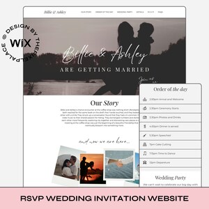 May include: A wedding invitation website with a black and white photo of a couple embracing. The website includes the couple's names, "Billie & Ashley", and the text "Are Getting Married". The website also includes a section for the order of the day, with times for the ceremony, photos, dinner, speeches, cake cutting, dancing, and departure. The website also includes a section for the wedding party, with the text "We can't wait to celebrate our big day with".