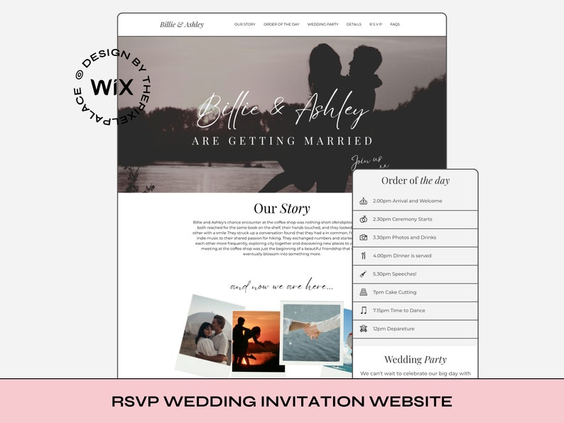 May include: A wedding invitation website with a black and white photo of a couple embracing. The website includes the couple's names, "Billie & Ashley", and the text "Are Getting Married". The website also includes a section for the order of the day, with times for the ceremony, photos, dinner, speeches, cake cutting, dancing, and departure. The website also includes a section for the wedding party, with the text "We can't wait to celebrate our big day with".