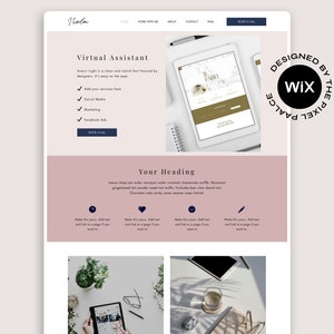 Könnte beinhalten: Eine Website-Startseite für einen virtuellen Assistentendienst. Die Website ist in einem hellrosa Farbschema mit weißem Hintergrund gestaltet. Die Website verfügt über ein Logo, eine Beschreibung der angebotenen Dienste und eine Schaltfläche zum Aufruf zum Handeln. Die Website wurde von Wix entworfen.
