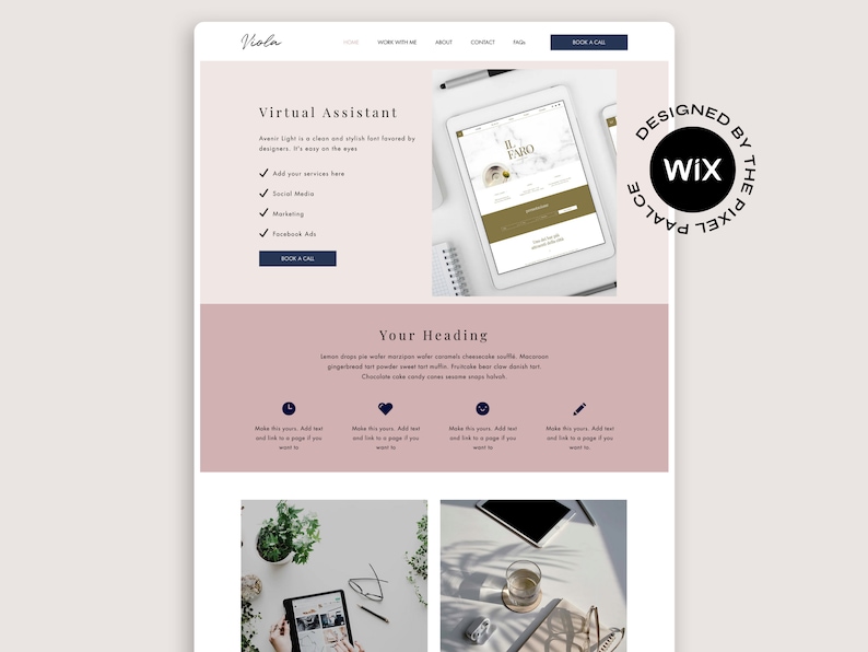 May include: A website homepage for a virtual assistant service. The website is designed in a light pink color scheme with a white background. The website features a logo, a description of the services offered, and a call to action button. The website is designed by Wix.