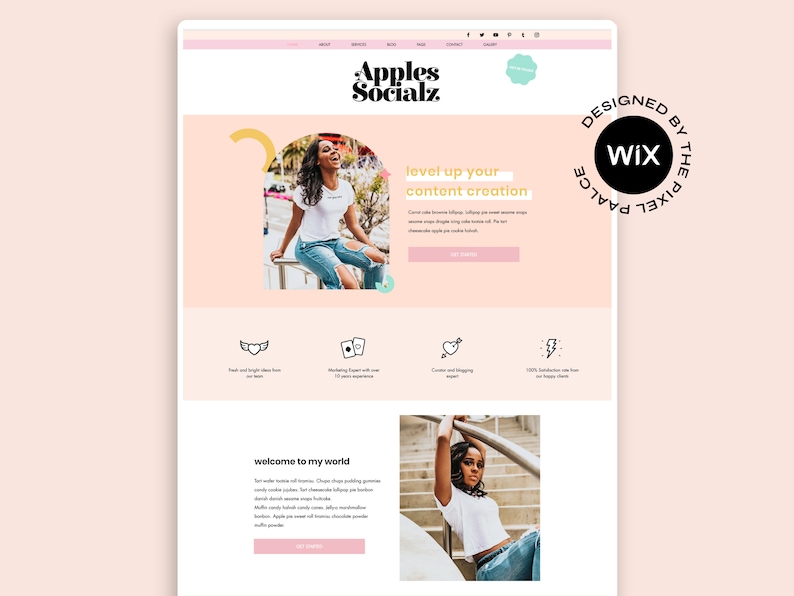 May include: A website layout for Apples Socialz featuring a header with navigation, a hero section with a photograph of a person in a white t-shirt and blue jeans, text reading level up your content creation, and a Wix design badge.