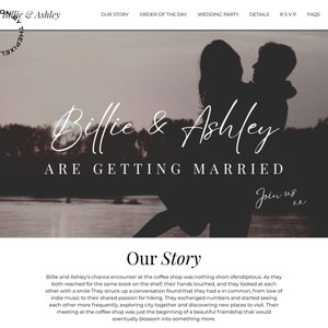 May include: A wedding website announcement with a silhouette of a couple against a blurred background of trees and water. The text reads "Billie & Ashley are getting married. Join us."