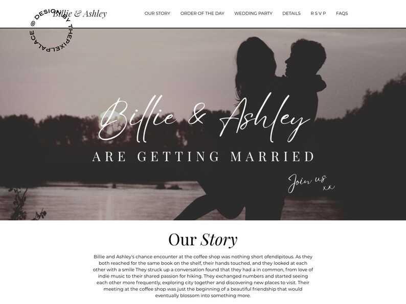 May include: A wedding website announcement with a silhouette of a couple against a blurred background of trees and water. The text reads "Billie & Ashley are getting married. Join us."