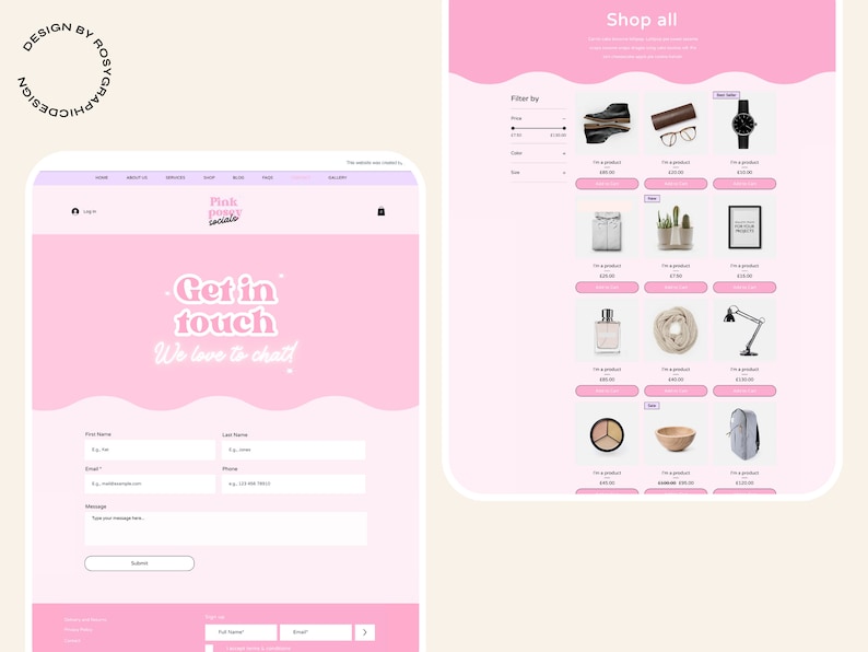 May include: A website screenshot showing a contact form with fields for first name, last name, email, phone, and message. The website is for a company called Pink Pony Social.
