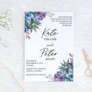 succulent wedding invitation template, editable blue purple teal greenery floral printable canva invite watercolor bridal shower birthday