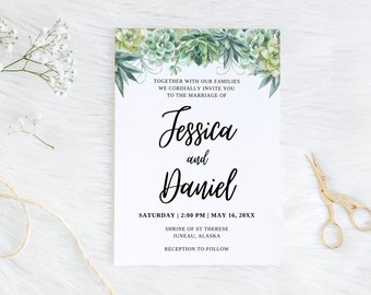 succulent wedding invitation template, boho greenery, printable editable instant canva, watercolor, bridal shower
