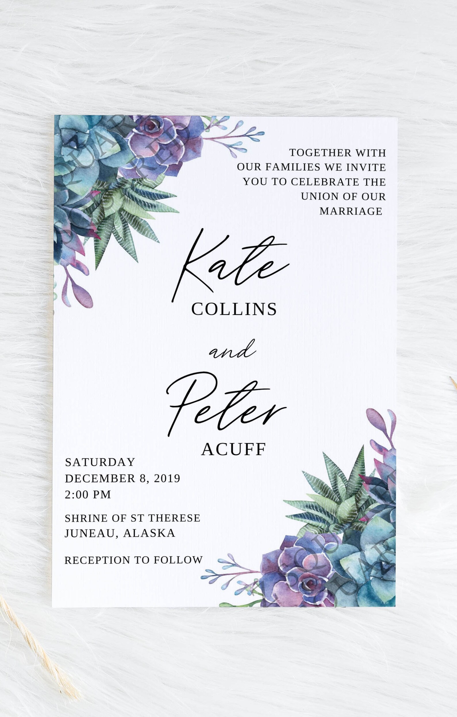 Succulent Wedding Invitation Template Editable Blue Purple - Etsy