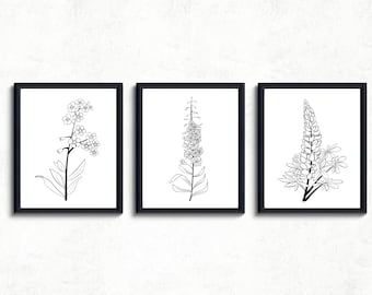 Alaska wildflower printable wall art, conjunto de 3 impresiones naturaleza digital, no me olvides, lupino, arte fireweed, decoración de línea minimalista